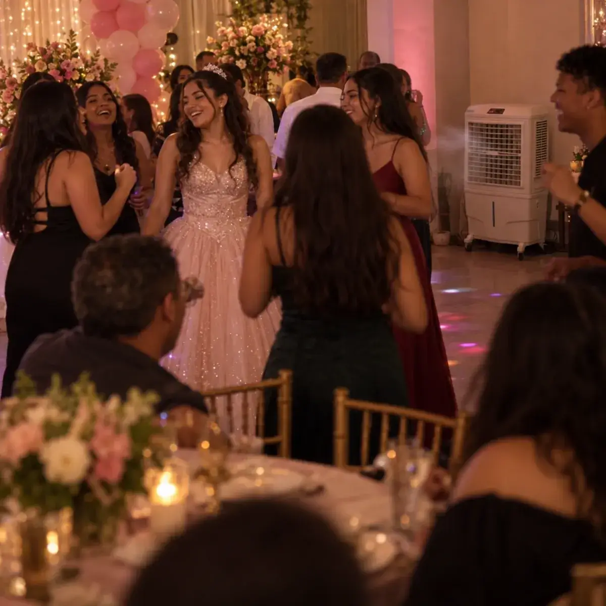 Debutante de vestido rosé dançando com as amigas em uma festa de 15 anos, com um climatizador branco ligado junto à parede do salão