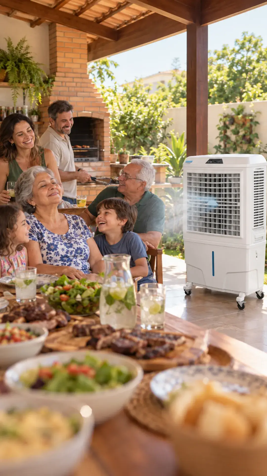 Família de três gerações reunida à mesa de uma área gourmet com churrasqueira, enquanto um climatizador branco sopra névoa fresca sobre todos.