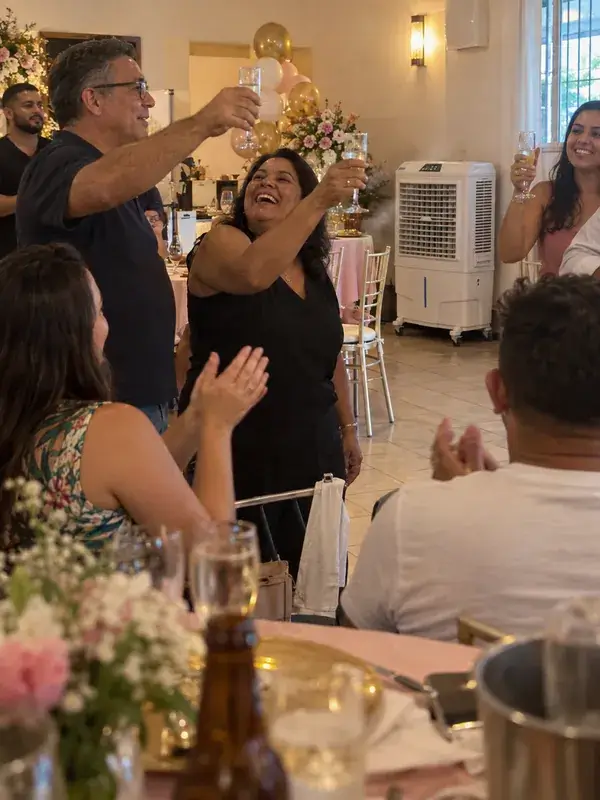Convidados brindando e aplaudindo em um salão de festas decorado com balões e flores, com um climatizador branco ligado ao fundo